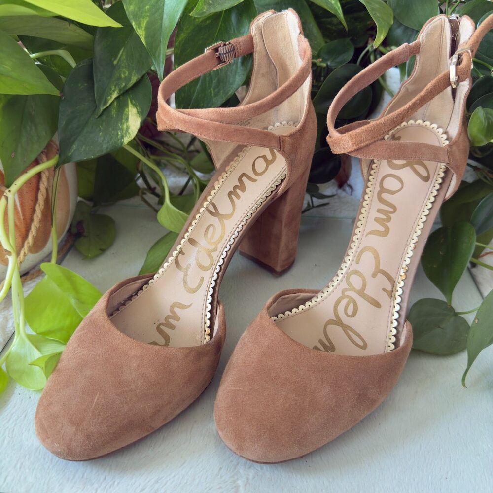 Sam Edelman blush-tan suede block heels with ankle strap and a soft rounded toe.